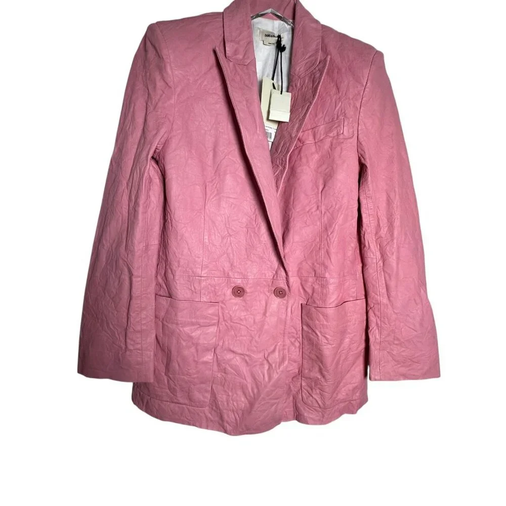 NEW Zadig & Voltaire Visko Cuir Leater Jacket Pink Size Small Size 36 Blazer NWT - Picture 2 of 10